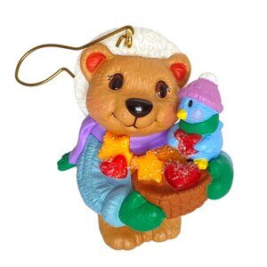 1999 Hallmark Christmas Bear Blue Bird Ornament With Basket Santa Hat